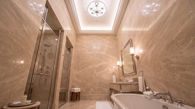 Luxury Marble Bathroom Interior with Bathtub and Shower