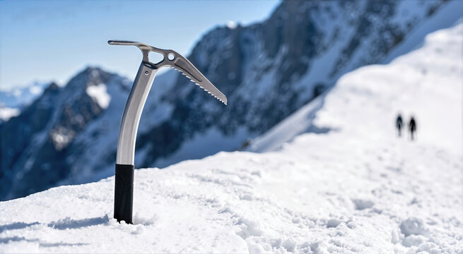 Brushed steel climbing ice axe planted in a snowy mountain ridge. Mountaineers walking in the background of a winter alpine landscape. Adventure and mountaineering concept
