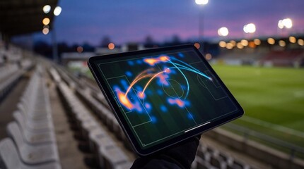 Fototapeta premium Tablet with Football Tactical Heatmap in Empty Stadium at Dusk for Sports Analytics Banner