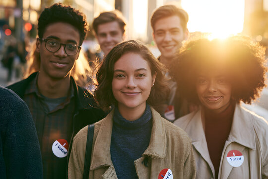 A diverse group of young voters proudly holding "I Voted" stickers, standing in a city street during sunset. This represents youth engagement in democratic processes. Suitable for Election Day