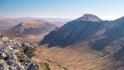 Looking over the Lairig Gartain from Buachaille Etive Beag to Buachaille Etive Mor and beyond to Beinn a' Chrulaiste, Glencoe, Scottish Highlands. © David