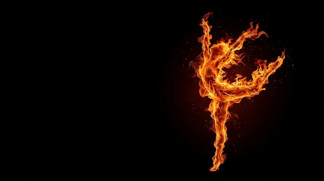 Silhouette of a dancing figure formed by bright orange and yellow flames