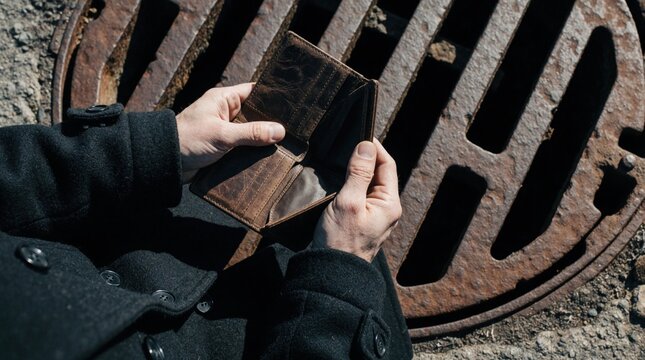 Man holds open empty brown leather wallet over rusty metal sewer grate. Close up of hands showing no money inside. Concept of poverty, debt, financial crisis, bankruptcy, unemployment during economic