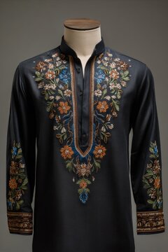 Elegant men's kurta with intricate floral embroidery adorning the neckline and sleeves on a black background.