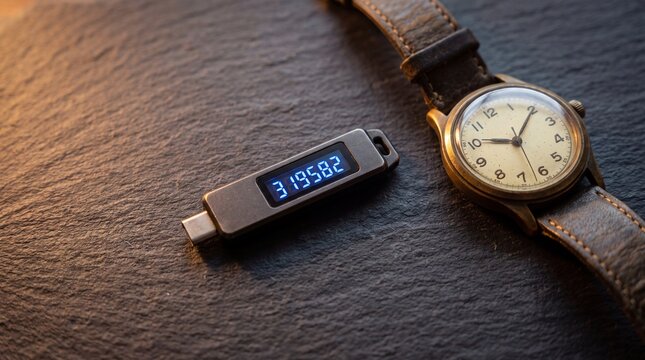 Hardware TOTP Security Token and Analog Watch on Dark Slate for Cybersecurity Concept