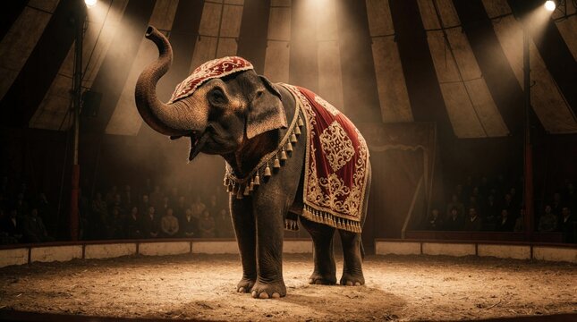 Decorated elephant stands in circus tent arena. Audience watches performance under warm vintage sepia lighting. Majestic mammal wears ornate headdress and costume.