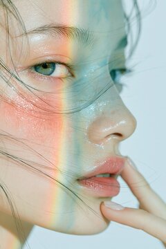 Extreme close-up side profile with pastel makeup and manicure as rainbow light falls across the face and loose hair strands Theme of colorful self expression