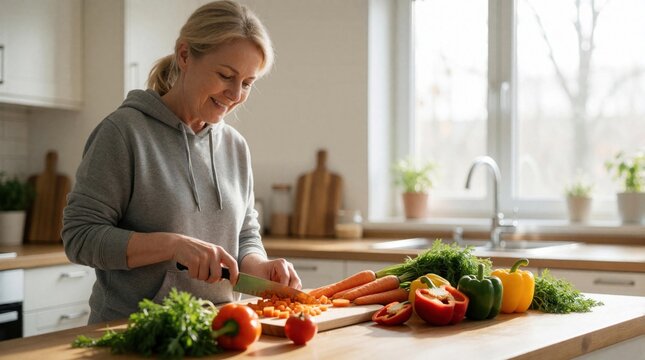 Middle aged woman chops fresh vegetables in kitchen. Mature female cook prepares healthy food at home. Digital anatomy overlay shows hip joint pain, inflammation. Senior lady suffers from arthritis