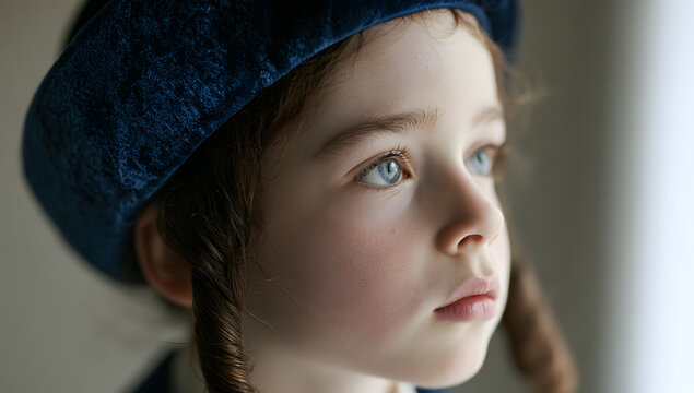 Close-up portrait of a young Orthodox Jewish boy wearing a blue kippah and peyot. Traditional religious headwear and cultural identity. Education and diversity