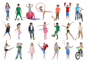 Fototapeta premium Children with various sports equipment, collage of portraits on white background. Classes in different sporting activities