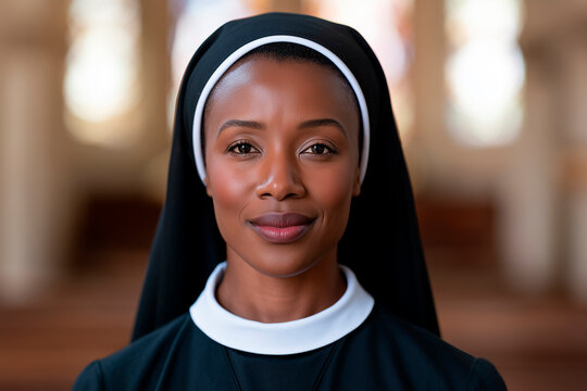Portrait of a black african catholic nun in church background
