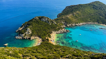 Fototapeta premium Aerial View of Porto Timoni Twin Beach, Corfu, Greece