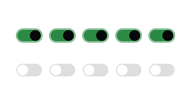 On and off toggle switch UI vector set with green enabled and grey disabled states for app website interface design web elements