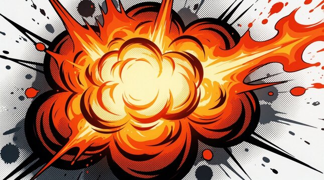 Energetic comic book style explosion with orange flames and halftone dots radiates power. This dynamic graphic element features bright colors and a cartoonish flair for action packed designs.