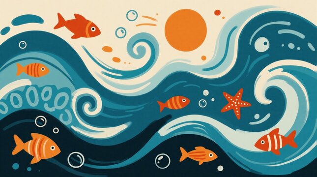 Stylized ocean waves and fish in naive art. Cute cartoon fish swim near starfish and bubbles under warm sun. Abstract sea illustration with wavy pattern and organic shapes.