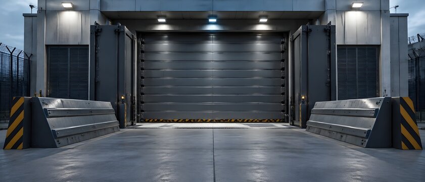 Armored loading entrance protected by heavy shutters and steel impact barriers