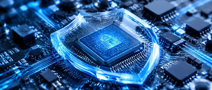 Encrypted microchip protected beneath a transparent armored shield with electric blue edge lighting