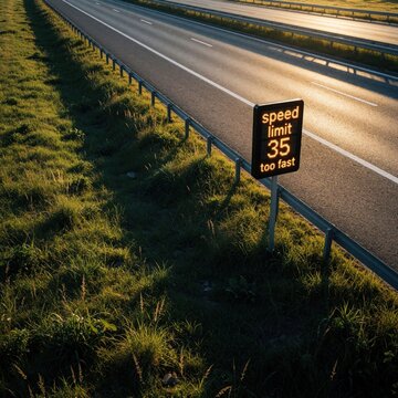 Digital speed limit sign warns drivers on highway at sunset. Electronic alert advises speed 35 too fast. Roadside notification for safe driving.
