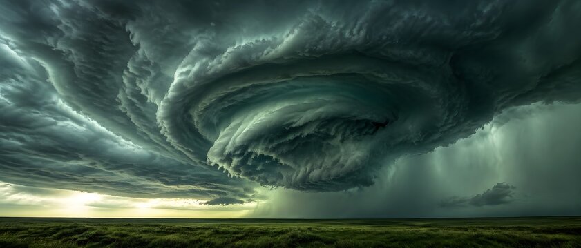 Storm clouds rotating dramatically above an empty landscape with intense green-gray tones