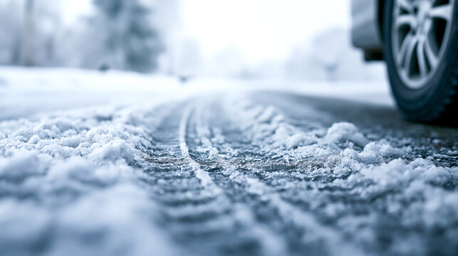 Car tire track on a slippery snow covered winter road close up. Vehicle wheel driving on icy asphalt highway during dangerous hazardous winter weather snowfall conditions