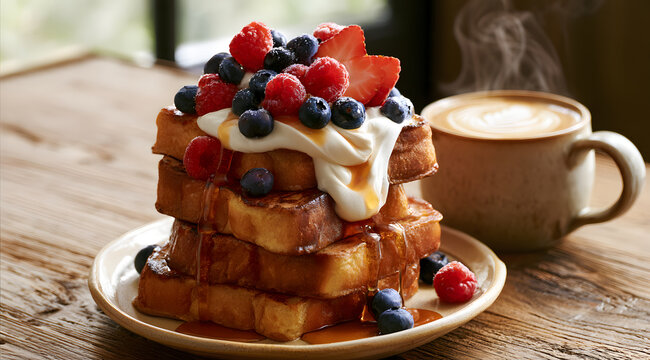 A scrumptious French toast piled high with succulent berries, fluffy whipped cream, and sweet syrup, presented with a piping hot cup of coffee, makes for a truly delightful breakfast.