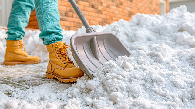 A person in yellow boots cleans a sidewalk with a grey plastic snow shovel near a house closeup. Man removing fresh white snowdrift from the backyard pavement in winter