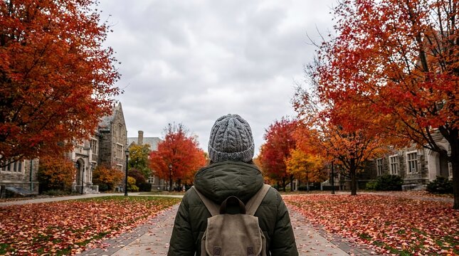 Student With Backpack Walking on University Campus in Autumn Fall