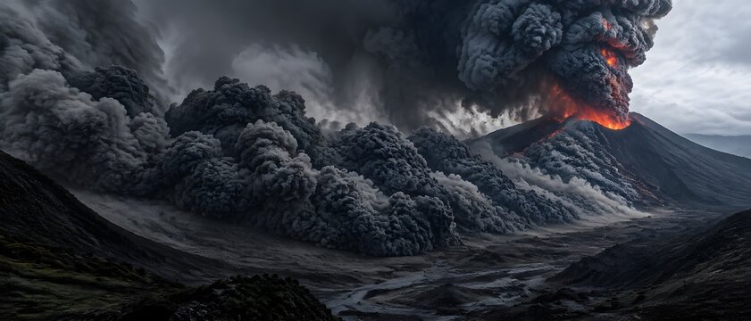 Black ash cloud rolling across a volcanic valley during a major eruption