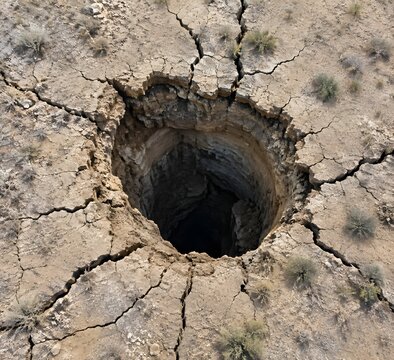Ground subsidence cracks spreading around a deep sinkhole in dry terrain