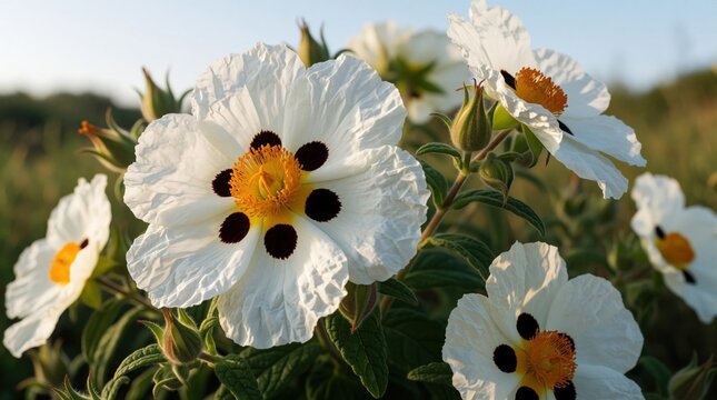 White rockrose flowers with dark centers bloom in summer. Delicate petals and green foliage form a natural composition. Cistus plants grow wild on hillsides under gentle sunlight.
