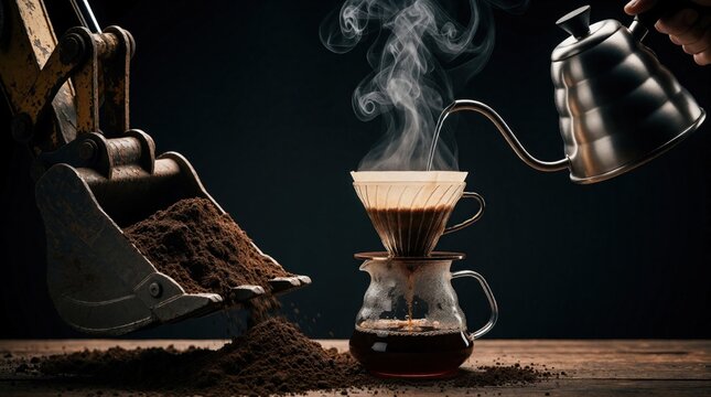 Excavator bucket pours dirt next to coffee brewing setup. Hot water steams from kettle into pour over filter. Coffee drips into glass carafe. Unique concept, unusual mix of industry and beverage prep.