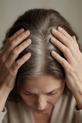 Fototapeta premium Mature woman touches head showing gray hair roots. Embraces aging gracefully. Natural transformation and self acceptance reflected in soft light.