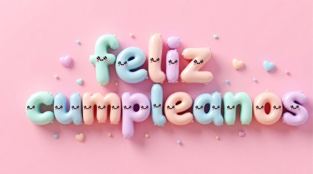 Cute pastel balloons spell Feliz Cumpleanos with kawaii faces on pink background. Sweet candy hearts and beads create festive celebration vibe. Perfect for invitations cards party decor.