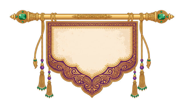 Traditional Indian decorative wall hanging banner with ornate gold trim and tassels