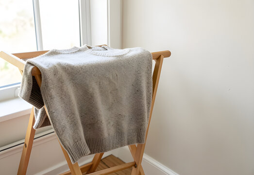 Wool sweater draped on a drying rack near a window