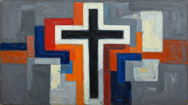 Abstract Christian cross oil painting, religious geometric art with bold brushstrokes, modern spiritual crucifix on textured canvas