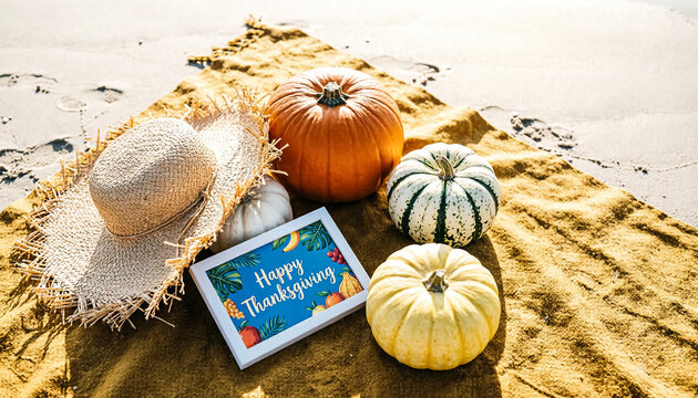 Happy Thanksgiving greeting card on beach, autumn pumpkins and straw hat on yellow blanket, coastal fall harvest celebration concept
