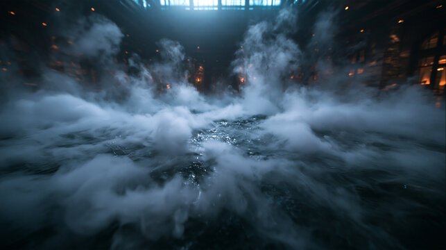 Dense Smoke and Fog Rolling Across Wet Dark Floor