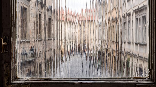 Distorted View of Old Town Through Ribbed Window Glass
