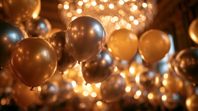 Golden and Silver Balloons Floating at Luxury Celebration Party