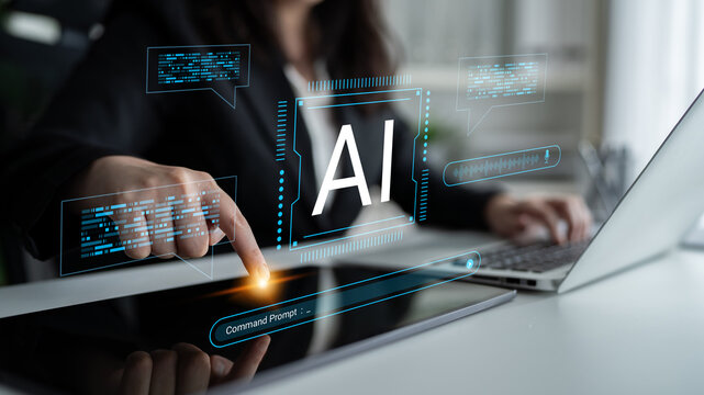A businesswoman engages with artificial intelligence technology on a touchscreen device, highlighting the intersection of innovation and productivity in modern workplaces. Cyphers