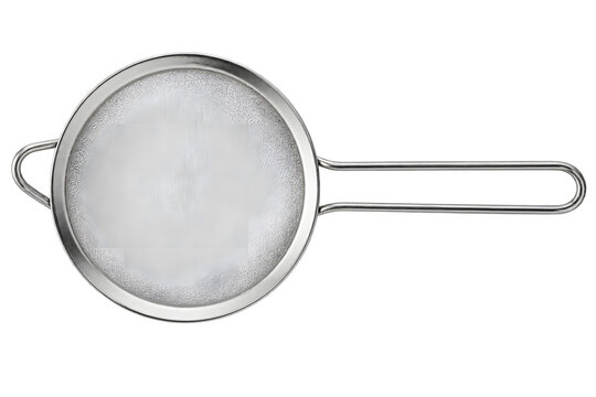 Fine mesh sieve with circular stainless frame and long handle isolated on transparent background
