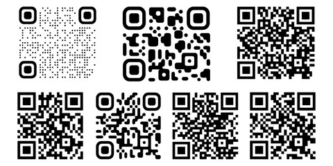 Fototapeta premium Eight square black and white QR codes, depicting various scannable digital information and technology.