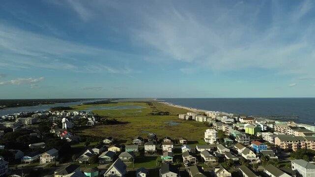 Aerial view of Carolina Beach houses, the Cape Fear River and Atlantic Ocean, in New Hanover County, North Carolina