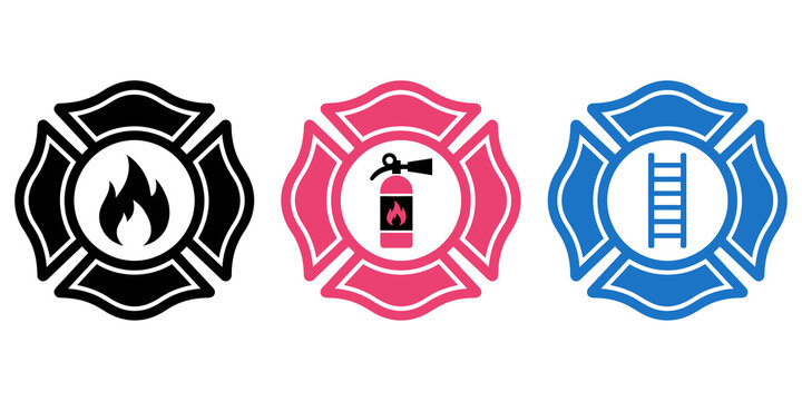 firefighter symbols three unique maltese cross designs flame fire extinguisher and ladder icons.