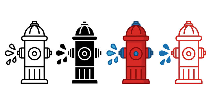 Four different styles of fire hydrants including outline, solid black, colorful, and line art with water splashes on transparent background.