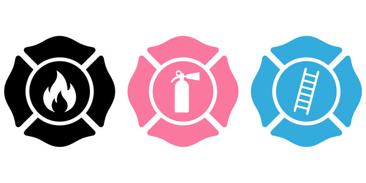 firefighter symbols set of three unique maltese crosses with fire flame extinguisher and ladder icons.
