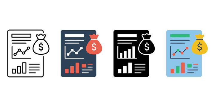 Four variations of a financial report document with money bag and charts for business analysis.