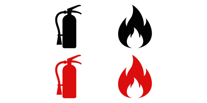 Four fire safety icons featuring fire extinguishers and flames in both black and red colors on transparent background.