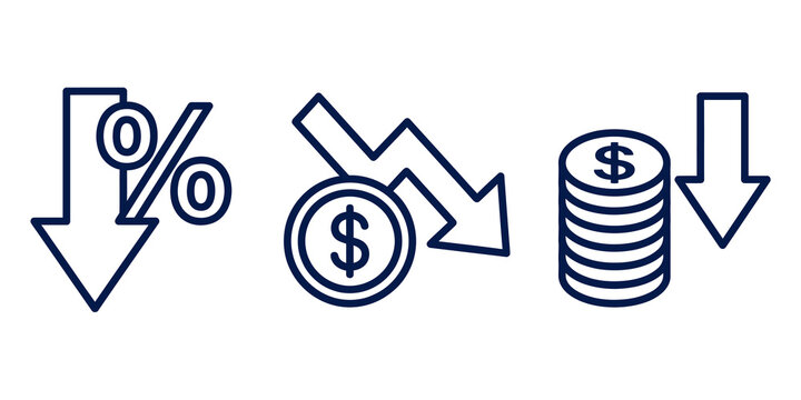 Three line icons depicting financial decline with percentage, arrow, and coin symbols.
